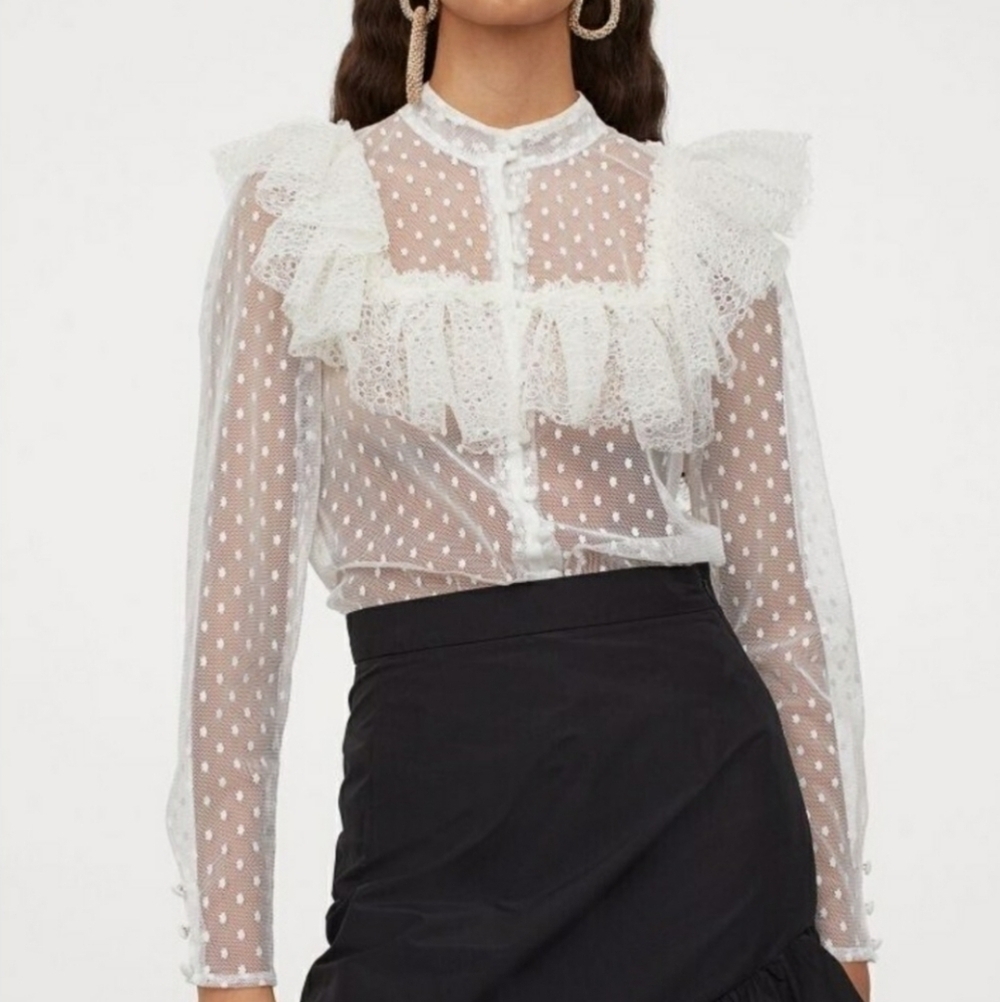 Sandra Mansour X H&M Flounced Tulle Blouse Elegant Sheer Lace. White, Cream. XS.